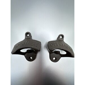 Set of 2 Vintage Style Cast Iron Wall Mounted Bottle Openers Open Here Brown